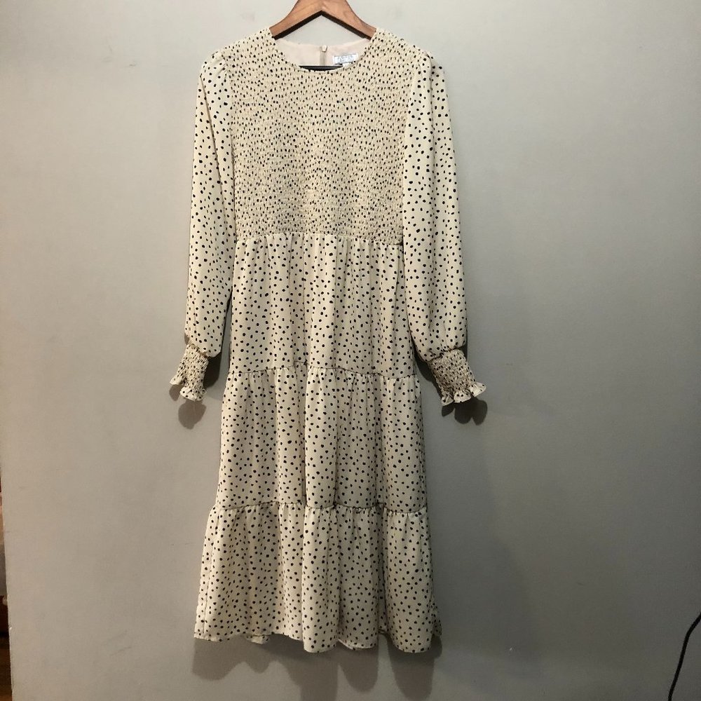 B. Darlin Long Sleeve Rouched Top Maxi Dress Cream and Navy Dot Medium